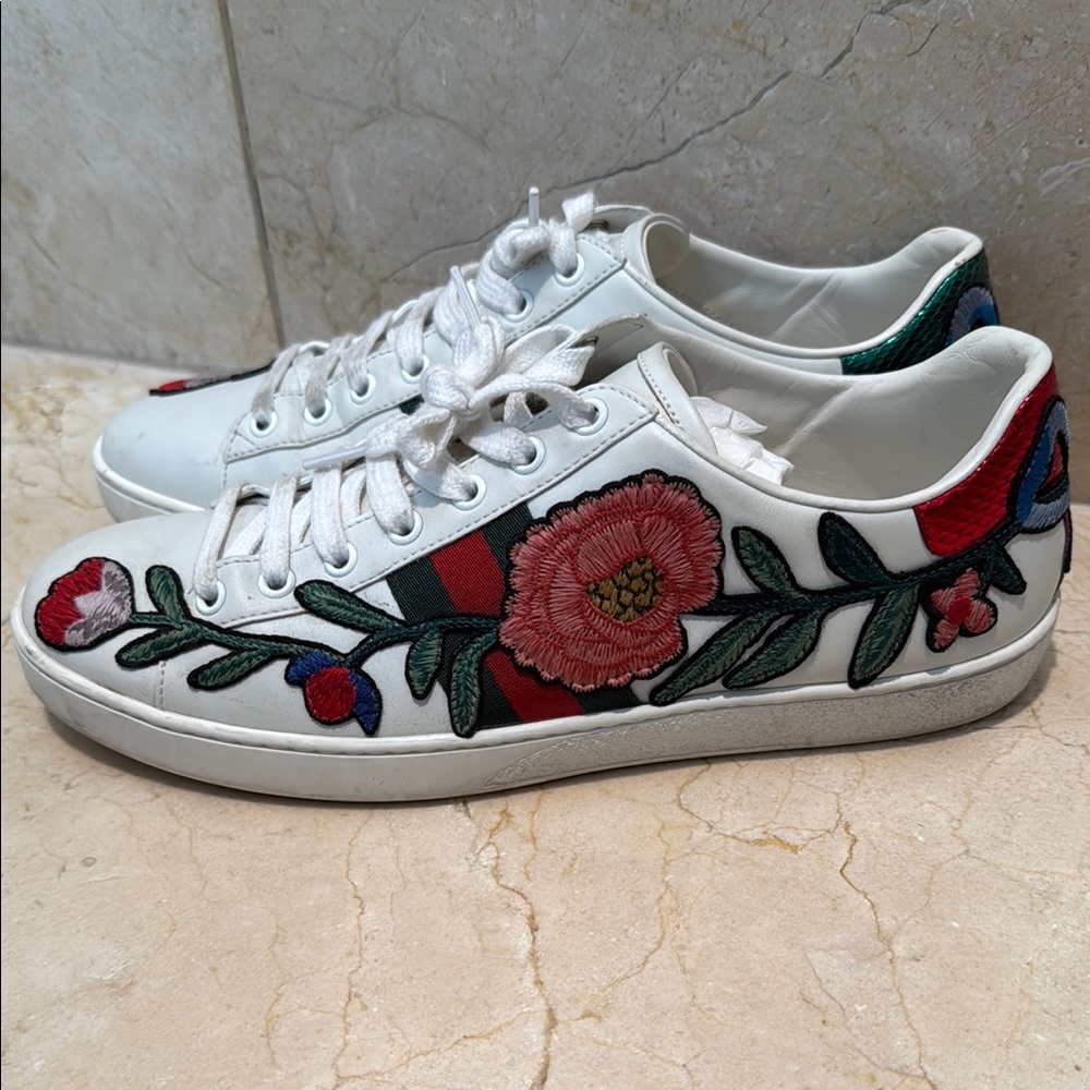 Gucci White and Red Sneakers with Floral Design